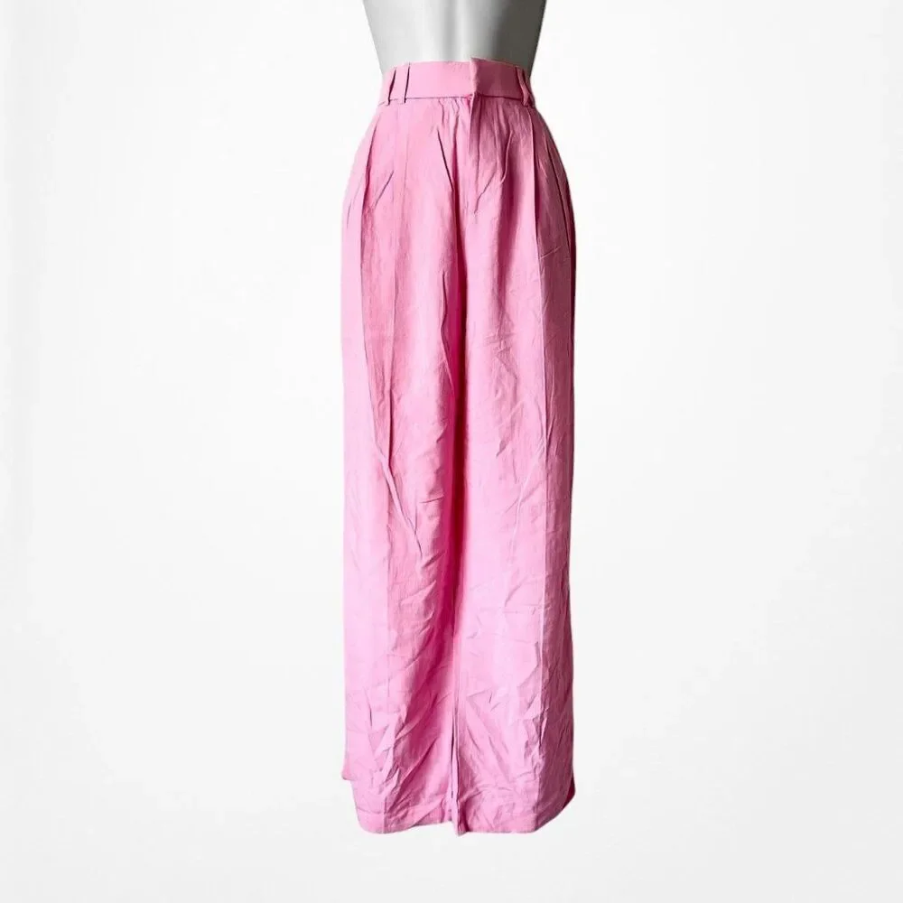 Zara Pink Pleated High Waisted Tailored Straight Leg Linen Dress Pants Size XS/S